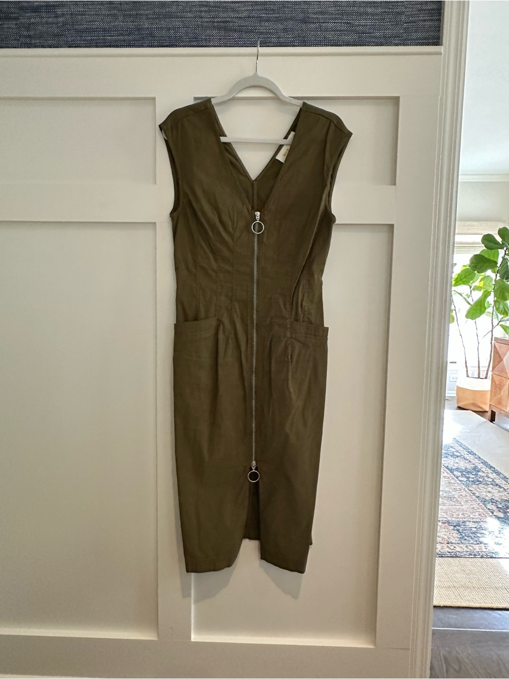 Anthropologie Olive Green Zip-Front Midi Dress